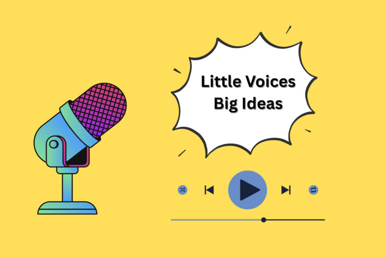 Little Voices, Big Ideas: Der Podcast der Mäusegruppe: Dargestellt ist ein Mikrofon und eine Sprechblase.