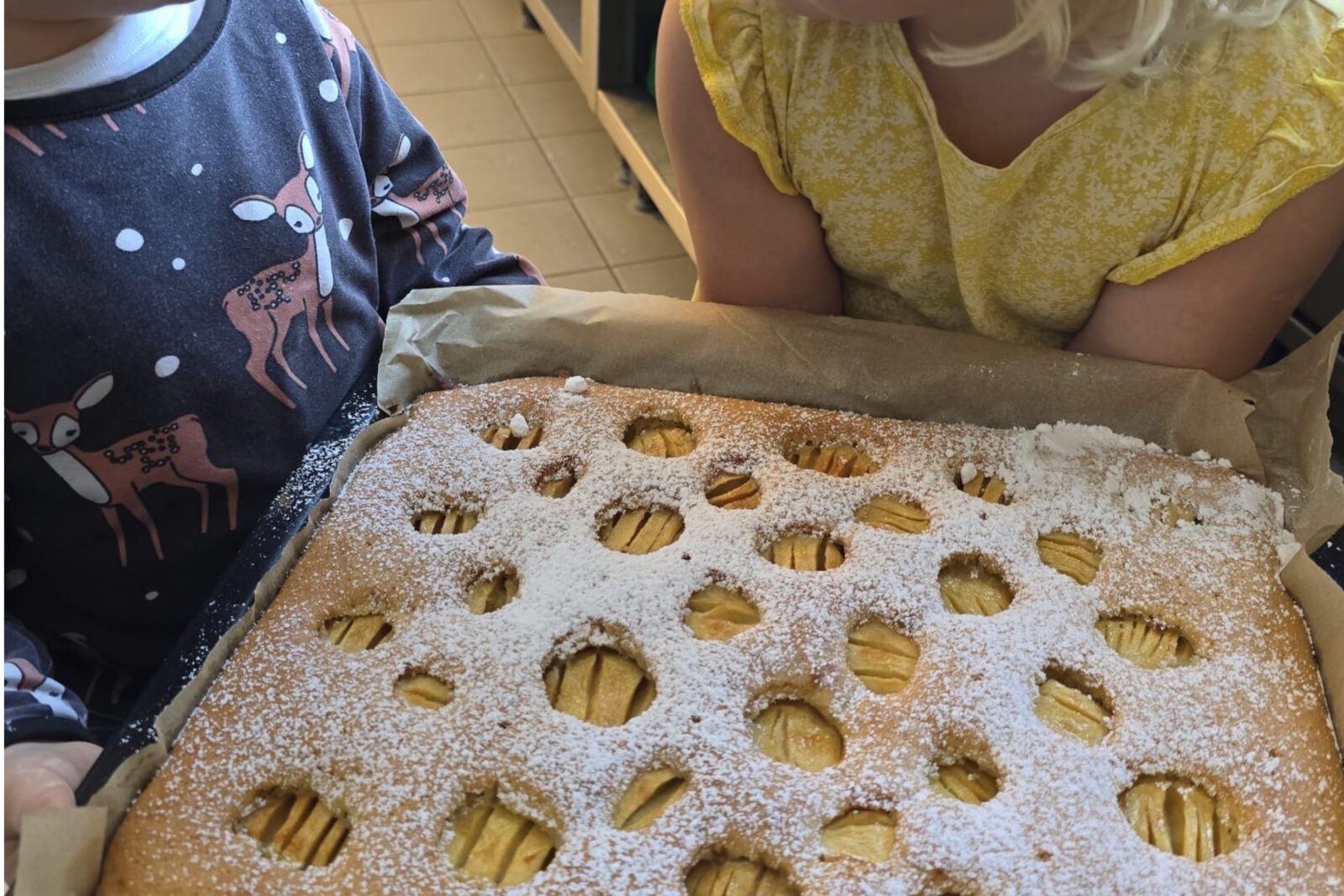 den fertig gebackenen Apfelkuchen bestaunen