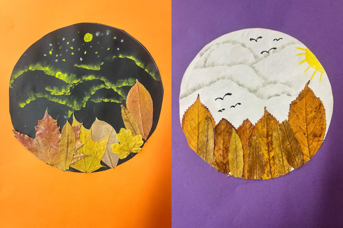 dreieins Grundschule Berlin-Kaulsdorf - Blätterkunst - Nachthimmel und Schneeberge