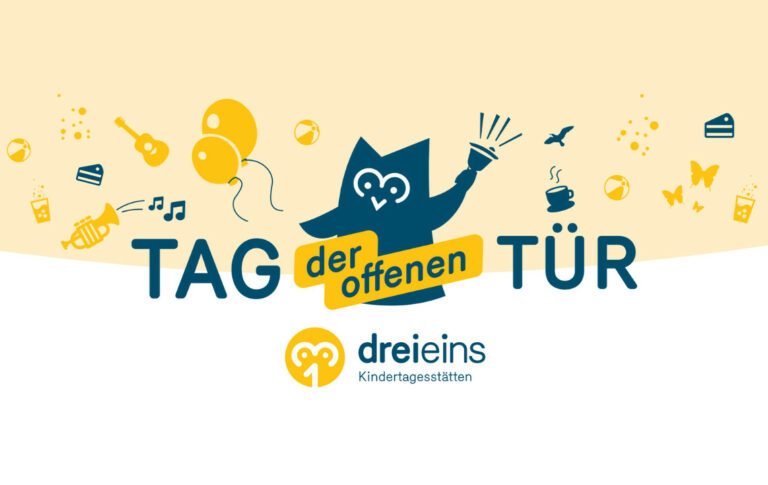 dreieins Kindertagesstätten - Tag der offenen Tür: Abgebildet sind der Text zur Veranstaltung sowie verschiedene Symbole und Dinge wie Ballons, Bälle, Punkte oder Schmetterlinge.