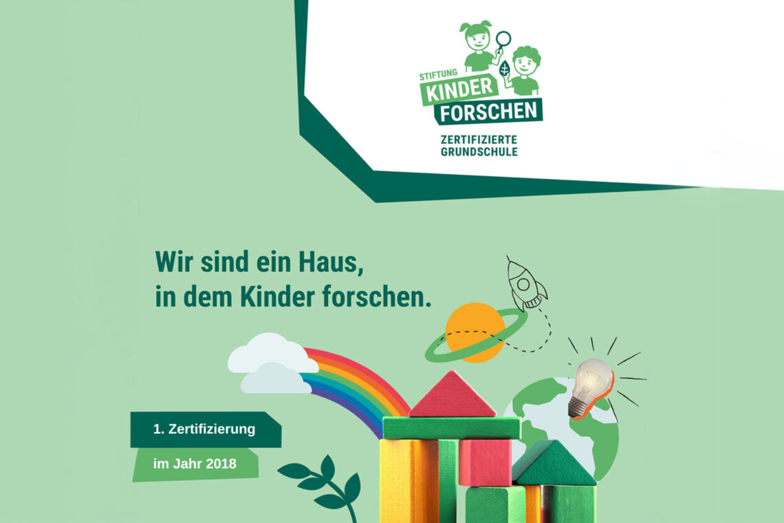 Stiftung Forschen - Zertifizierung: Abgebildet sind Bausteine und verschiedene grafische Elemente sowie das logo der Stiftung Forschen