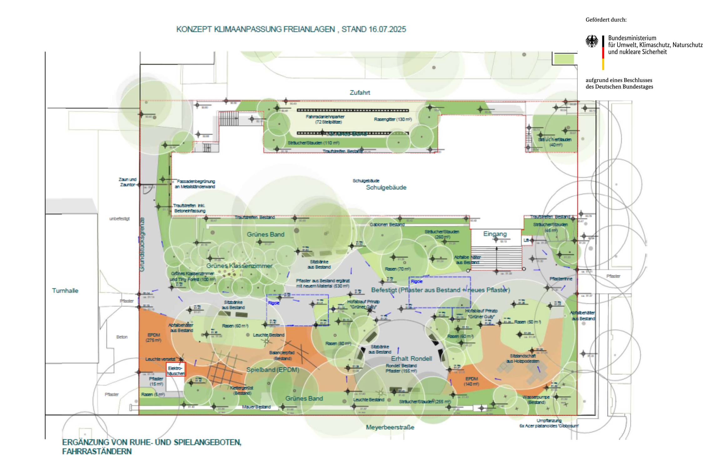 dreieins Grundschule Berlin-Pankow – Klimaanpassungskonzept für die Freianlagen auf dem Schulgelände: Dargestellt ist eine Planungsskizze zur Visualisierung der Maßnahmen für das Klimaanpassungskonzept für die dreieins Grundschule Berlin-Pankow.