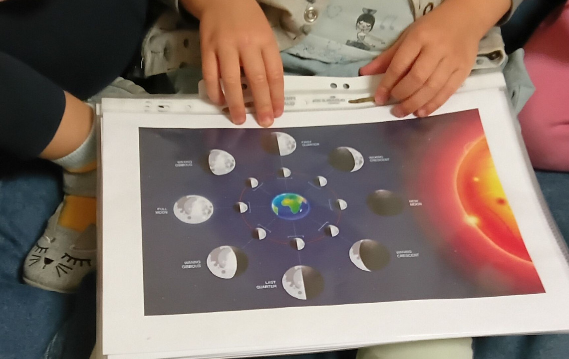 dreieins Kindertagesstätte Berlin - Berlin Prenzlauer Berg - Eine Reise zum Mond - Ein eigenes Mondbuch: Dargestellt sind Kinderhände, die ein Mondbuch anschauen