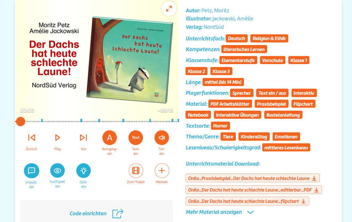 dreieins Kindertagesstätte Berlin - Berlin Prenzlauer Berg - Onilo Angebot zu Der Dachs hat heute schlechte Laune: Dargestellt ist das Buchcover sowie textliche Erklärungen zum Angebot.