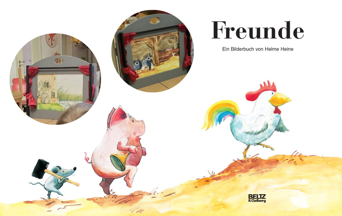 dreieins Kindertagesstätte Berlin - Berlin Prenzlauer Berg - Theater mit Kamishibai zu Freunde: Zu sehen sind ein Hahn, ein Schwein und eine Maus sowie Szenen der Theateraufführung in der Kita. 