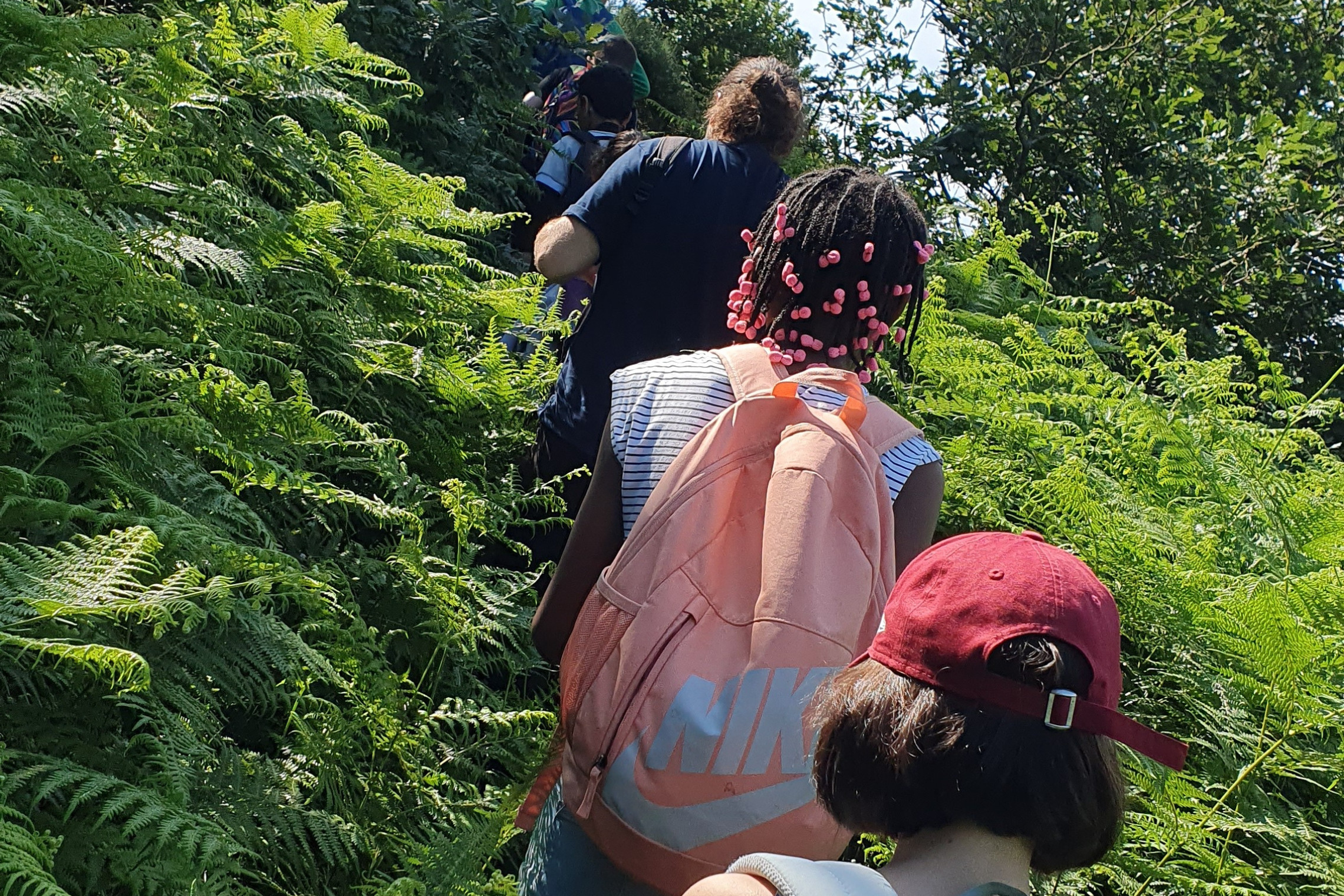 dreieins Innovative Pädagogik - Schulaustausch Frankreich in Saint Etienne - Abgebildet sind Kinder und Erwachsene, die eine Wanderung machen.